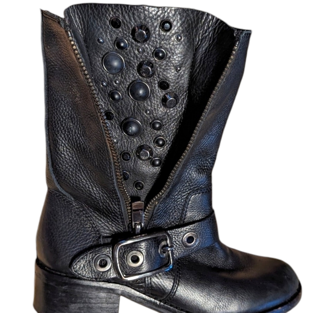 Vince Camuto Walt Black Moto Side Zip Peek a Boo Bling Stud Heeled Boot (7B)